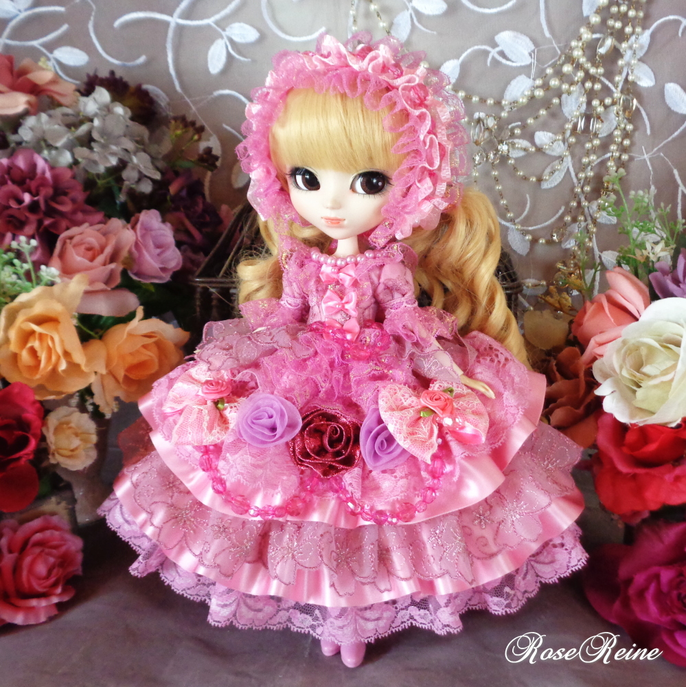 ロマンスミディー ベルサイユの薔薇 麗しのモーブピンク ボリュームフリルのデコレーションドールドレス豪華4点セット